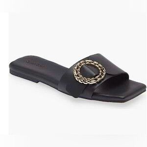 NEW Nordstrom ‘Lely’ Black Square Open Toe Flat Sandal With Accent Buckle Sz 10